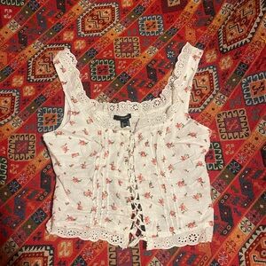 NWT Floral Lace-Up White Top